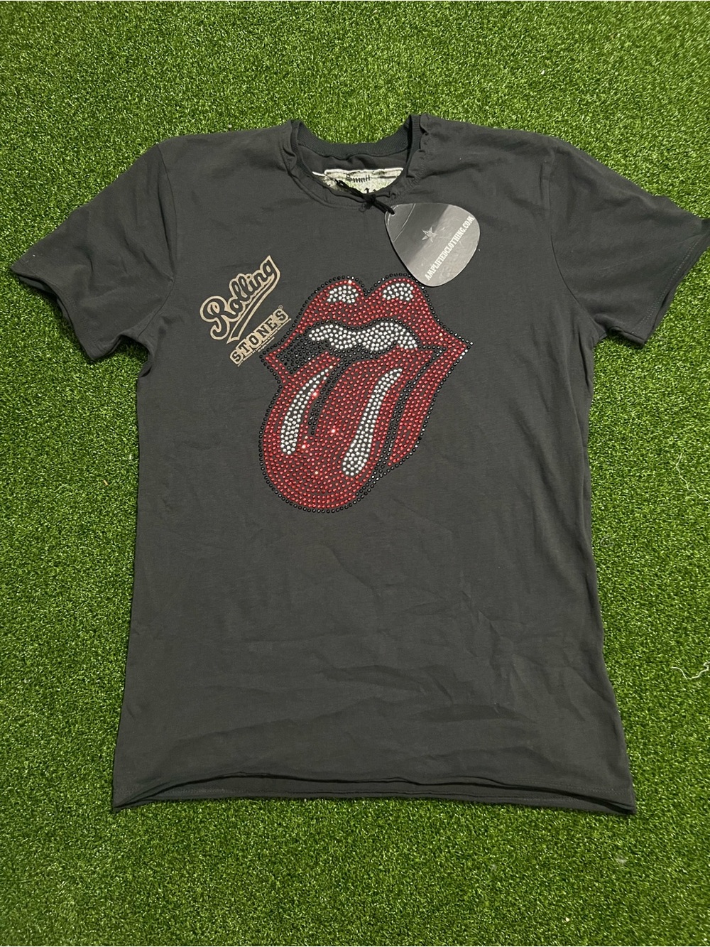 NWT Amplified Rolling Stones Rhinestone Tongue Distressed Tee S